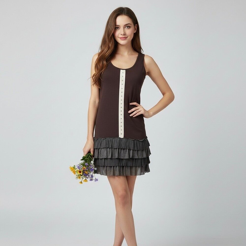 Vtg NWT Brown Tiered Ruffle Hem Drop Waist Mini Dress| Coquette Grunge Fairycore - Picture 7 of 8